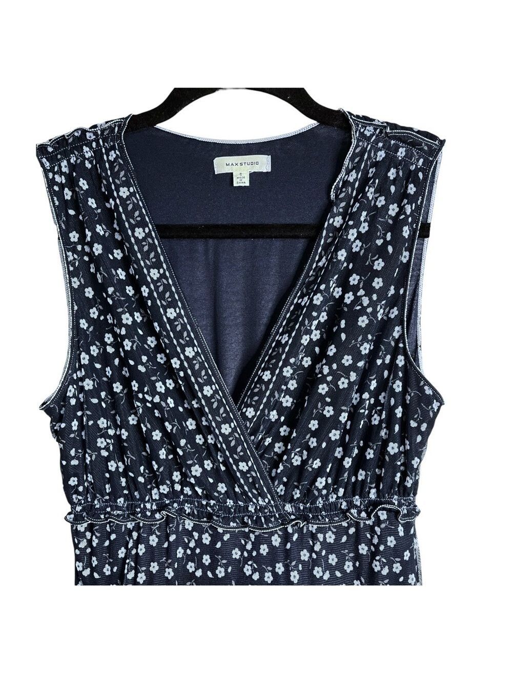 Max Studio V-Neck Sleeveless Mesh Tiered Midi Dress navy blue floral Size Small - Picture 4 of 6